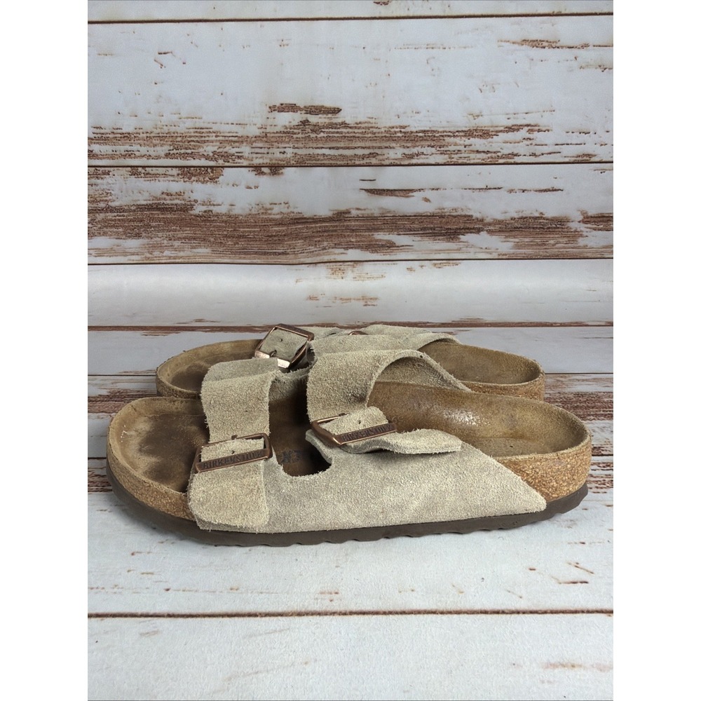 Birkenstock Arizona EU37 US 6.5 Suede Double Buckle Slide Sandals Beige - Picture 2 of 7